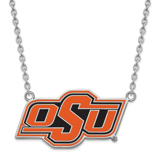 Sterling Silver Rhodium Plated Logoart Oklahoma State University O S U Large Enameled Pendant 18 Inch Necklace