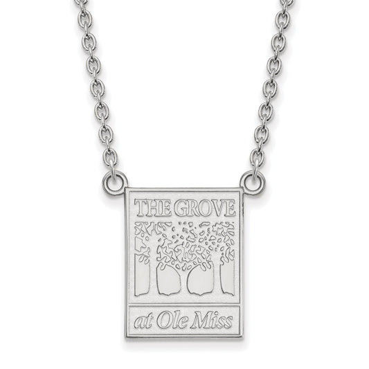 Sterling Silver Rhodium Plated Logoart University Of Mississippi The Grove At Ole Miss Large Pendant 18 Inch Necklace