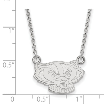 Sterling Silver Rhodium Plated Logoart University Of Wisconsin Badger Small Pendant 18 Inch Necklace