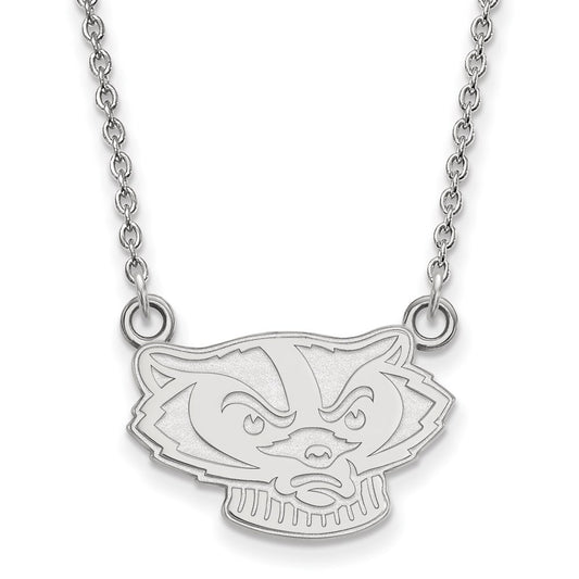 Sterling Silver Rhodium Plated Logoart University Of Wisconsin Badger Small Pendant 18 Inch Necklace