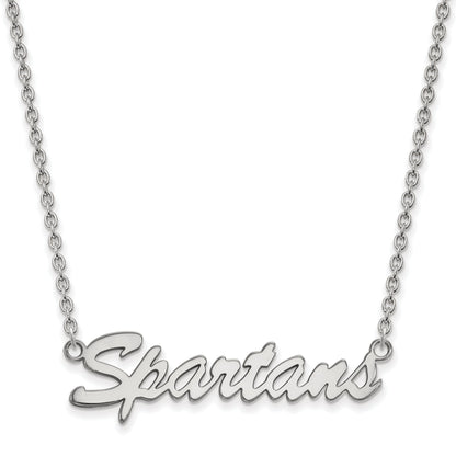 Sterling Silver Rhodium Plated Logoart Michigan State University Spartans Script Medium Pendant 18 Inch Necklace