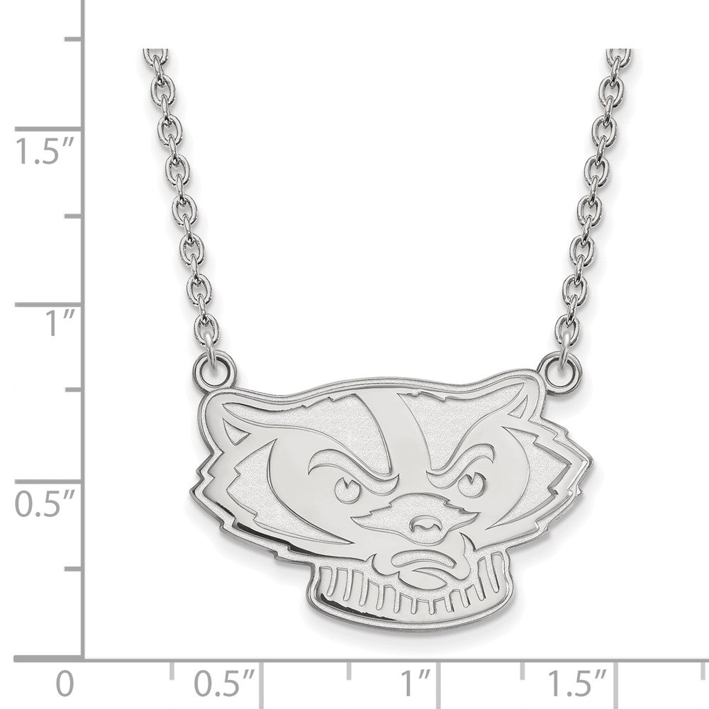 Sterling Silver Rhodium Plated Logoart University Of Wisconsin Badger Large Pendant 18 Inch Necklace