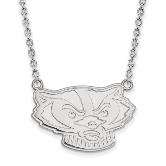 Sterling Silver Rhodium Plated Logoart University Of Wisconsin Badger Large Pendant 18 Inch Necklace
