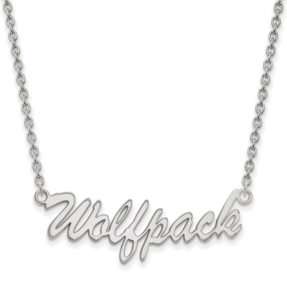 Sterling Silver Rhodium Plated Logoart North Carolina State University Medium Wolfpack Script Pendant 18 Inch Necklace