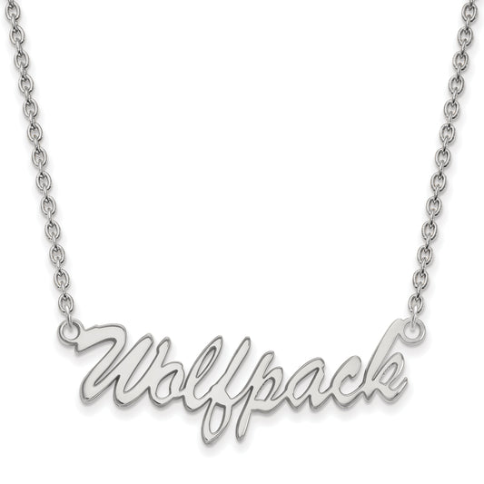 Sterling Silver Rhodium Plated Logoart North Carolina State University Medium Wolfpack Script Pendant 18 Inch Necklace