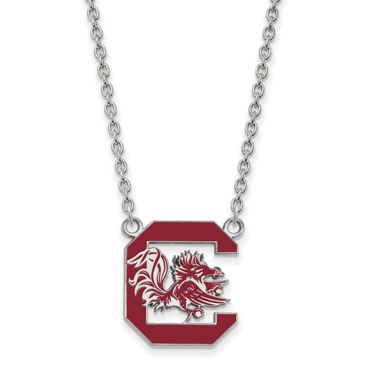 Sterling Silver Rhodium Plated Logoart University Of South Carolina Large Enameled Pendant 18 Inch Necklace