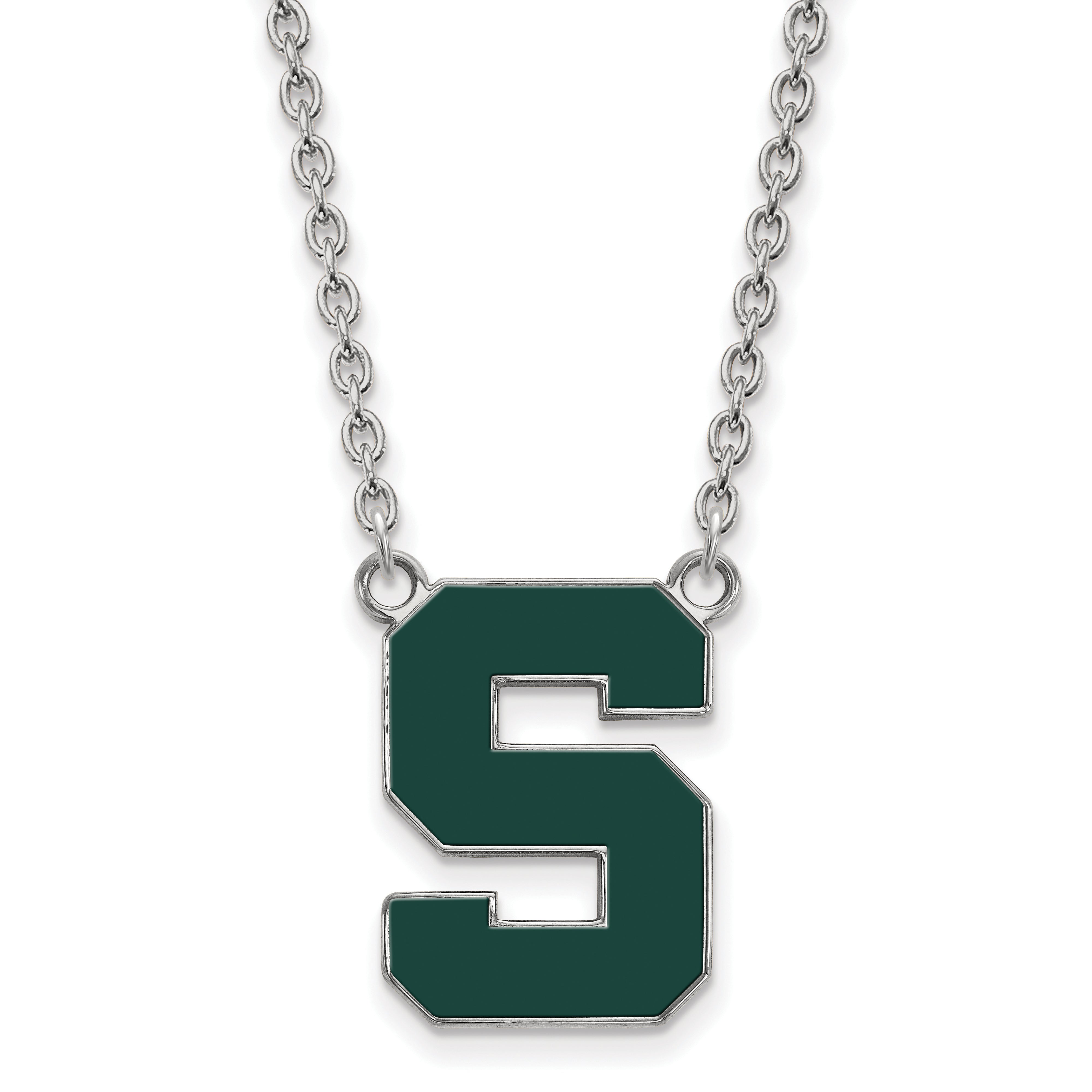 Sterling Silver Rhodium Plated Logoart Michigan State University Letter S Large Enameled Pendant 18 Inch Necklace