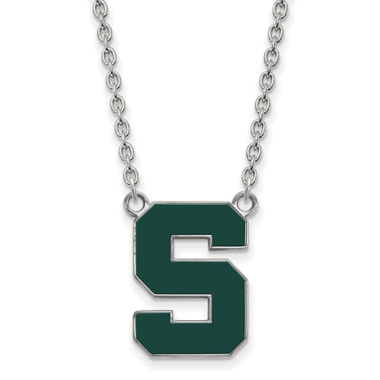 Sterling Silver Rhodium Plated Logoart Michigan State University Letter S Large Enameled Pendant 18 Inch Necklace