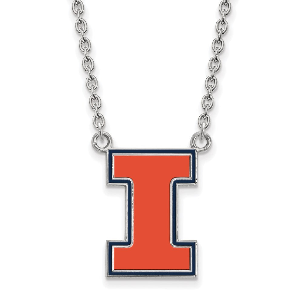 Sterling Silver Rhodium Plated Logoart University Of Illinois Letter I Large Enameled Pendant 18 Inch Necklace