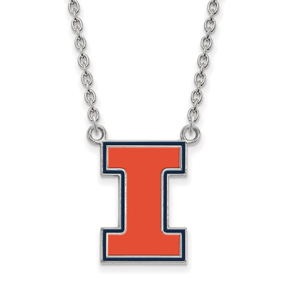 Sterling Silver Rhodium Plated Logoart University Of Illinois Letter I Large Enameled Pendant 18 Inch Necklace