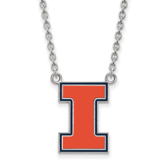 Sterling Silver Rhodium Plated Logoart University Of Illinois Letter I Large Enameled Pendant 18 Inch Necklace