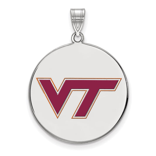 Sterling Silver Rhodium Plated Logoart Virginia Tech V T Extra Large Enameled Disc Pendant