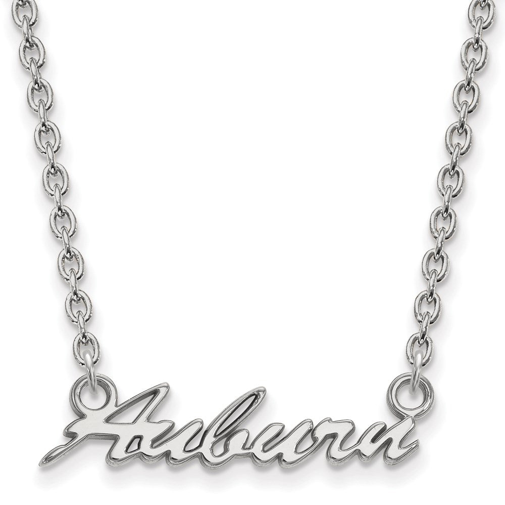 Sterling Silver Rhodium Plated Logoart Auburn University Medium Script Pendant 18 Inch Necklace