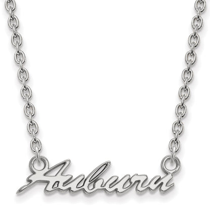 Sterling Silver Rhodium Plated Logoart Auburn University Medium Script Pendant 18 Inch Necklace
