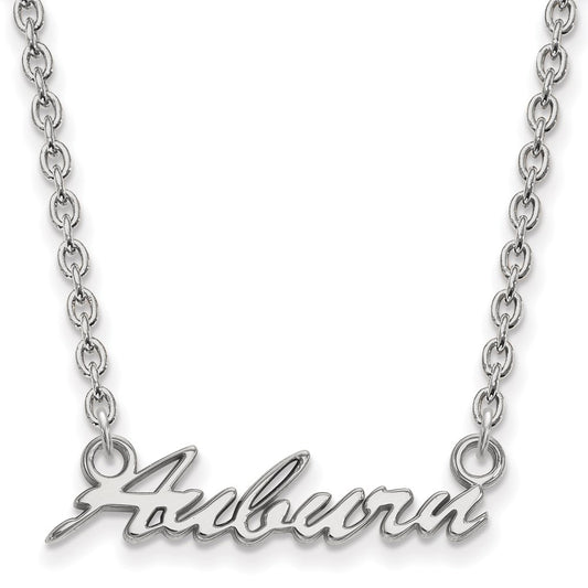 Sterling Silver Rhodium Plated Logoart Auburn University Medium Script Pendant 18 Inch Necklace