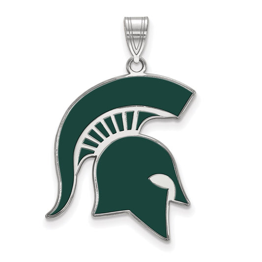 Sterling Silver Rhodium Plated Logoart Michigan State University Spartan Extra Large Enameled Pendant