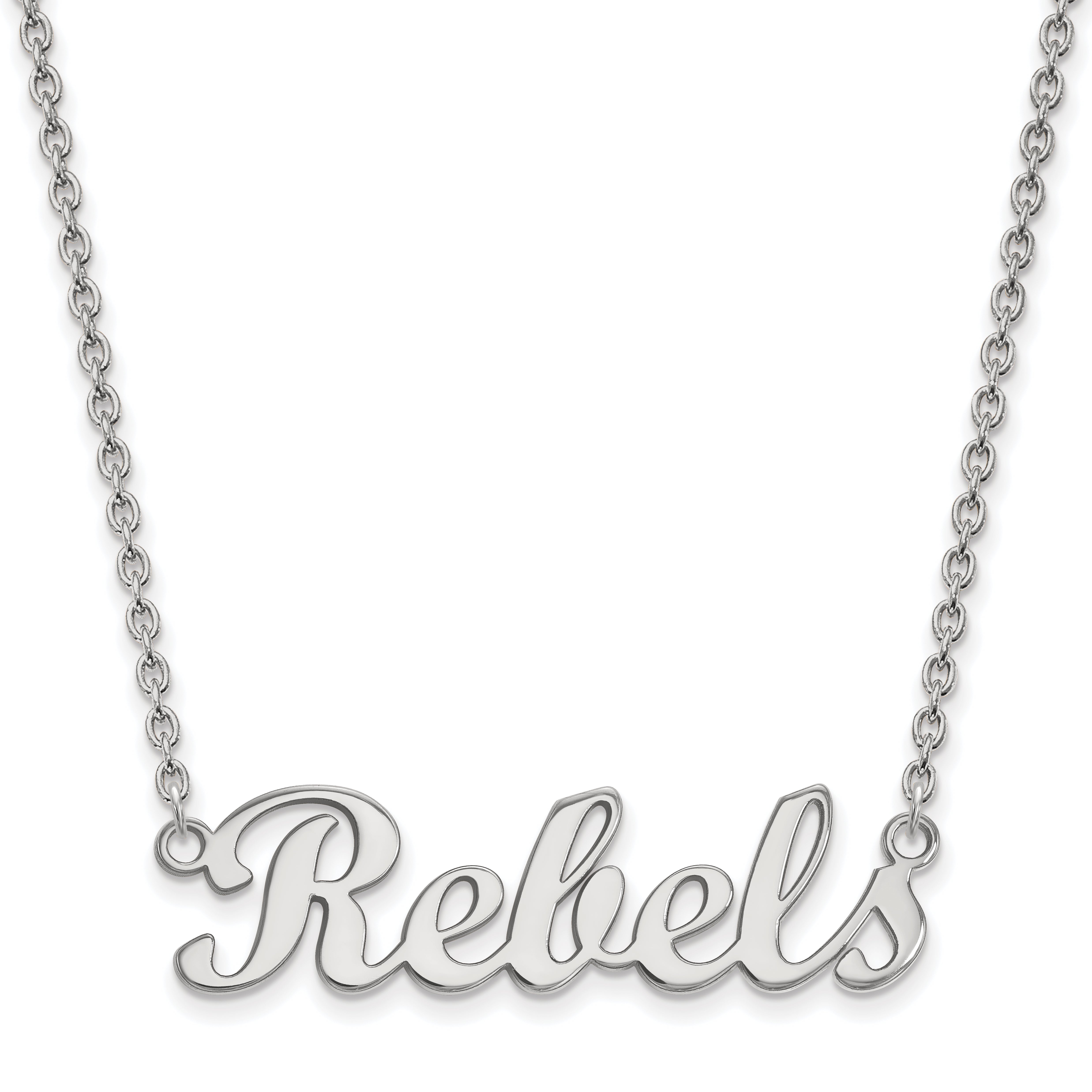 Sterling Silver Rhodium Plated Logoart University Of Mississippi Rebels Script Bar 18 Inch Necklace