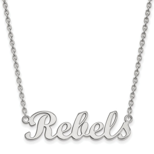 Sterling Silver Rhodium Plated Logoart University Of Mississippi Rebels Script Bar 18 Inch Necklace