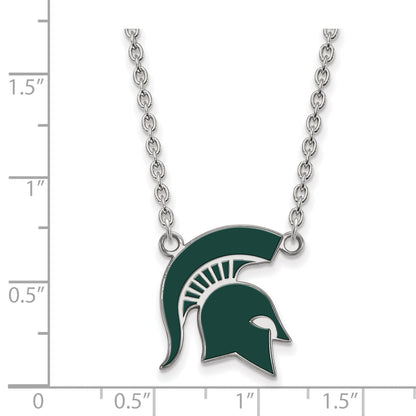 Sterling Silver Rhodium Plated Logoart Michigan State University Spartan Large Enameled Pendant 18 Inch Necklace