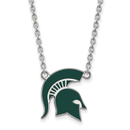 Sterling Silver Rhodium Plated Logoart Michigan State University Spartan Large Enameled Pendant 18 Inch Necklace
