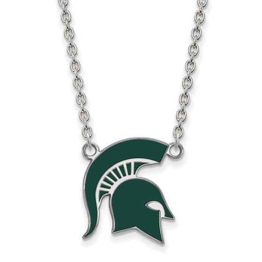 Sterling Silver Rhodium Plated Logoart Michigan State University Spartan Large Enameled Pendant 18 Inch Necklace