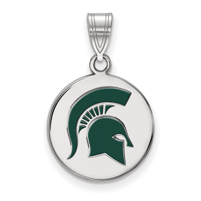 Sterling Silver Rhodium Plated Logoart Michigan State University Spartan Medium Enameled Disc Pendant
