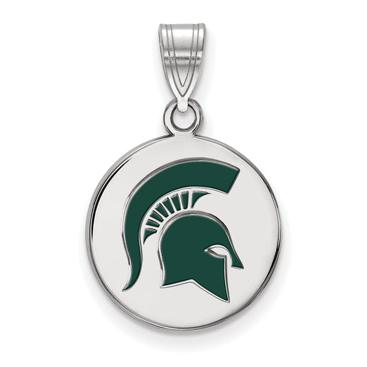 Sterling Silver Rhodium Plated Logoart Michigan State University Spartan Medium Enameled Disc Pendant