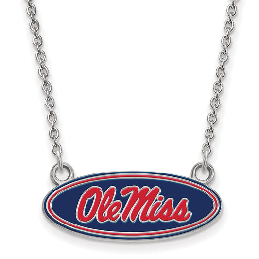 Sterling Silver Rhodium Plated Logoart University Of Mississippi Ole Miss Small Enameled Oval Pendant 18 Inch Necklace