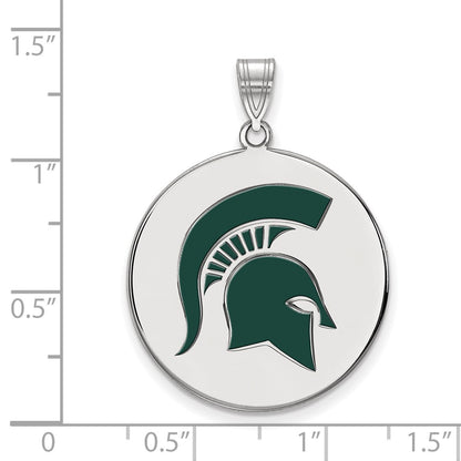 Sterling Silver Rhodium Plated Logoart Michigan State University Spartan Extra Large Enameled Disc Pendant