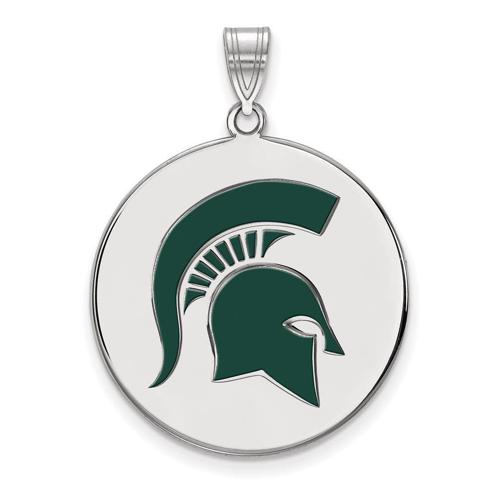 Sterling Silver Rhodium Plated Logoart Michigan State University Spartan Extra Large Enameled Disc Pendant