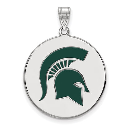 Sterling Silver Rhodium Plated Logoart Michigan State University Spartan Extra Large Enameled Disc Pendant