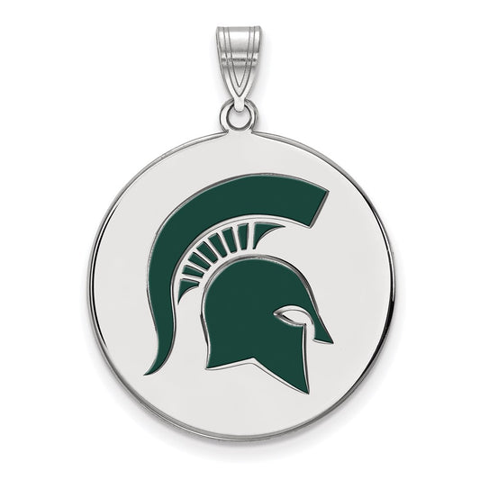 Sterling Silver Rhodium Plated Logoart Michigan State University Spartan Extra Large Enameled Disc Pendant