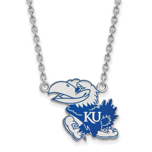 Sterling Silver Rhodium Plated Logoart University Of Kansas Jayhawk Large Enameled Pendant 18 Inch Necklace