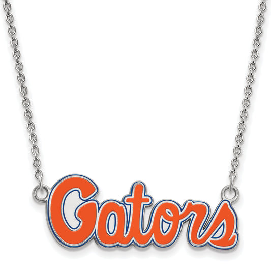 Sterling Silver Rhodium Plated Logoart University Of Florida Gators Script Small Enameled Pendant 18 Inch Necklace