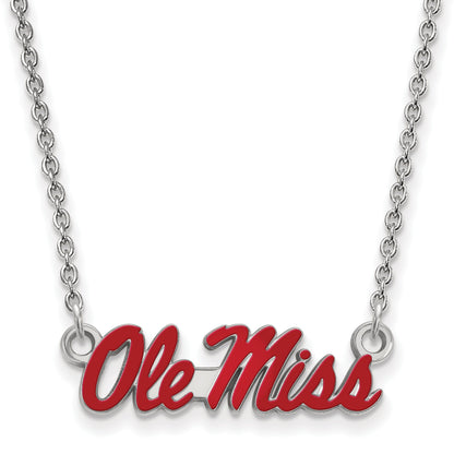 Sterling Silver Rhodium Plated Logoart University Of Mississippi Ole Miss Small Enameled Pendant 18 Inch Necklace