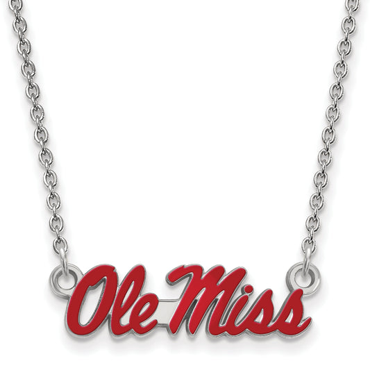 Sterling Silver Rhodium Plated Logoart University Of Mississippi Ole Miss Small Enameled Pendant 18 Inch Necklace