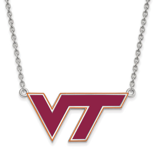 Sterling Silver Rhodium Plated Logoart Virginia Tech V T Large Enameled Pendant 18 Inch Necklace