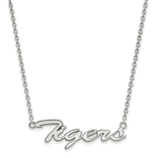Sterling Silver Rhodium Plated Logoart Louisiana State University Tigers Script Medium Pendant 18 Inch Necklace