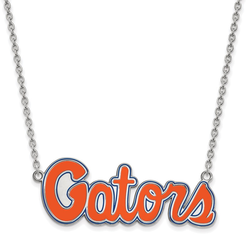 Sterling Silver Rhodium Plated Logoart University Of Florida Gators Script Large Enameled Pendant 18 Inch Necklace