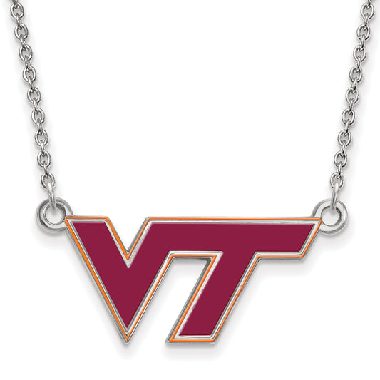 Sterling Silver Rhodium Plated Logoart Virginia Tech V T Small Enameled Pendant 18 Inch Necklace