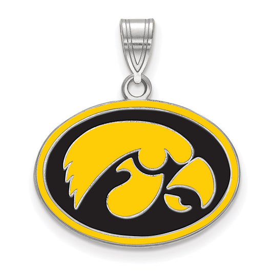 Sterling Silver Rhodium Plated Logoart University Of Iowa Hawk Medium Oval Enameled Pendant