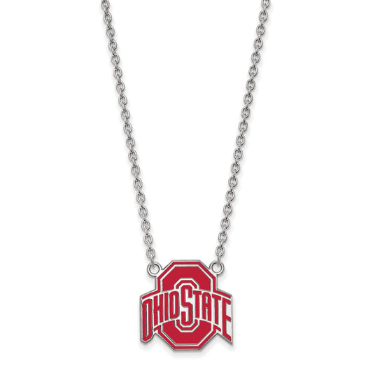 Sterling Silver Rhodium Plated Logoart The Ohio State University Large Enameled Pendant 18 Inch Necklace