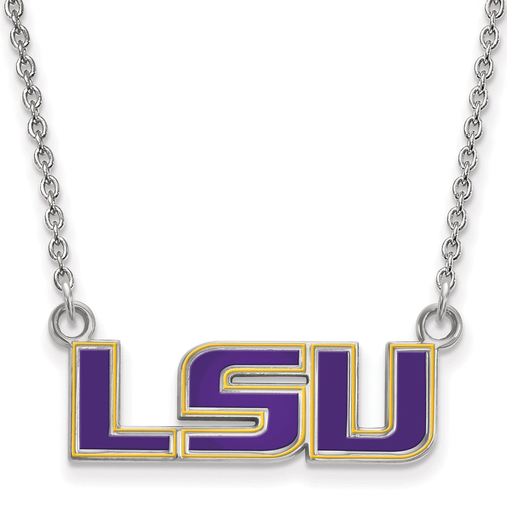 Sterling Silver Rhodium Plated Logoart Louisiana State University L S U Small Enameled Pendant 18 Inch Necklace