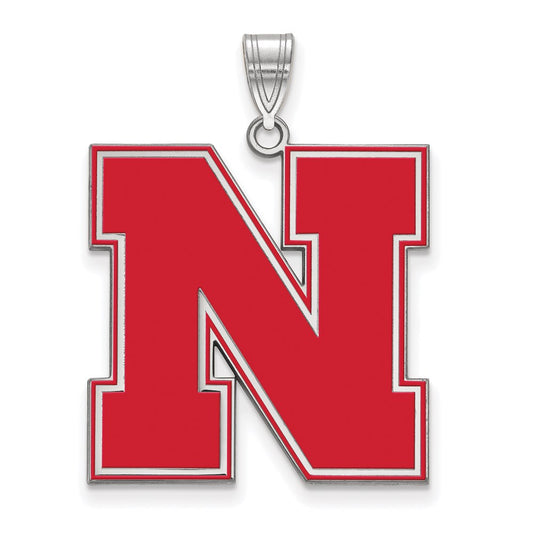 Sterling Silver Rhodium Plated Logoart University Of Nebraska Letter N Extra Large Enameled Pendant