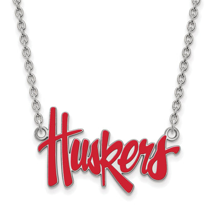 Sterling Silver Rhodium Plated Logoart University Of Nebraska Huskers Script Large Enameled Pendant 18 Inch Necklace