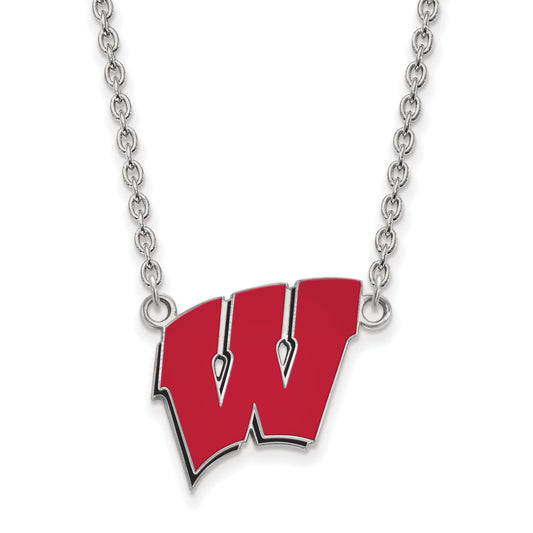Sterling Silver Rhodium Plated Logoart University Of Wisconsin Letter W Large Enameled Pendant 18 Inch Necklace