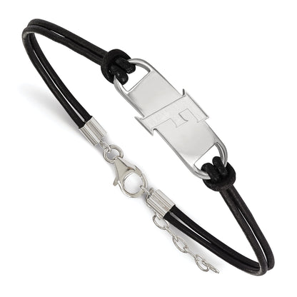 Sterling Silver Rhodium Plated Logoart University Of Florida Letter F Small Center Black Leather 7 Inch Bracelet With Extender
