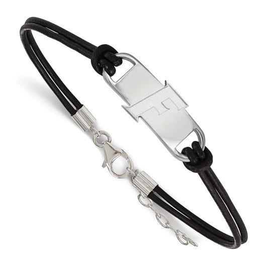 Sterling Silver Rhodium Plated Logoart University Of Florida Letter F Small Center Black Leather 7 Inch Bracelet With Extender