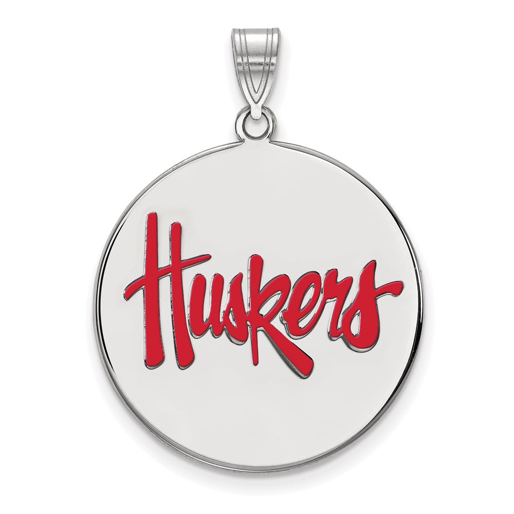Sterling Silver Rhodium Plated Logoart University Of Nebraska Huskers Extra Large Enameled Disc Pendant