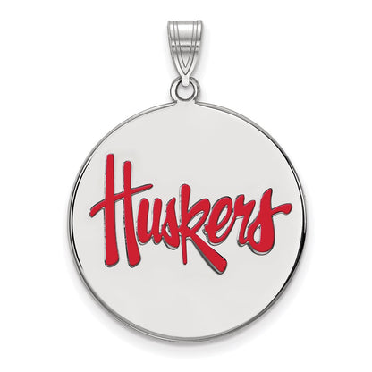 Sterling Silver Rhodium Plated Logoart University Of Nebraska Huskers Extra Large Enameled Disc Pendant